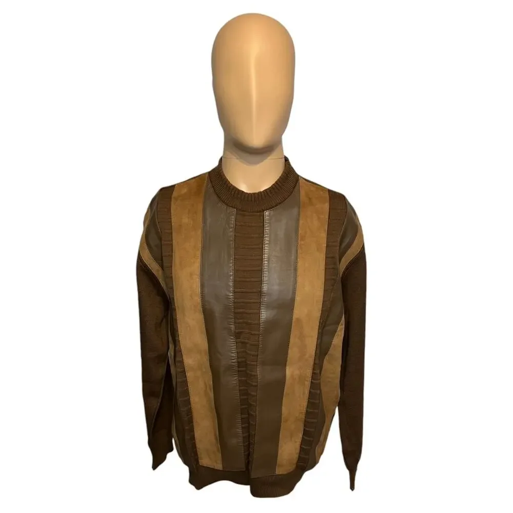Vintage Cuzzens Leather Striped Sweater Mens Size XL Brown Merino Wool Very Rare